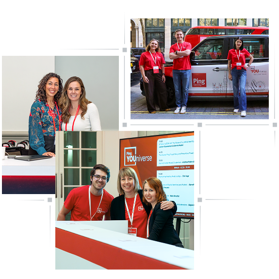 Photo collage showing diverse Ping Identity employees smiling at workplace events outdoors next to a branded Ping car and standing in front of a Ping YOUniverse presentation display
