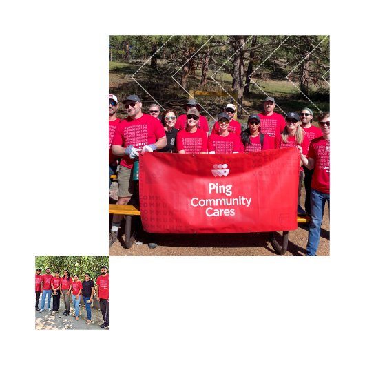 Photo collage showing Ping Identity employees participating in a volunteer community events with a group outdoors holding a red Ping Community Cares banner
