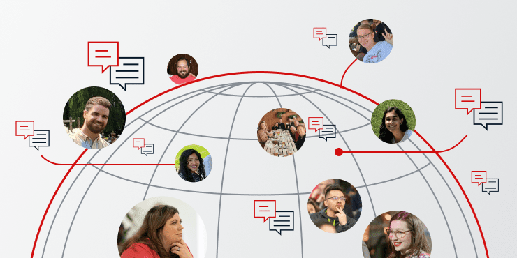 Graphic of a globe connected by red lines and chat bubble icons featuring circular portraits of diverse Ping Identity team members across the world