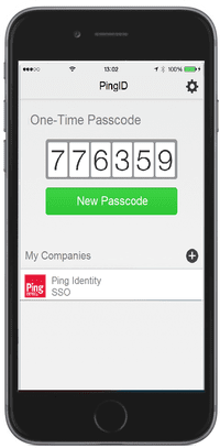 Image of a mobile device with the PingID application on the screen. The screen is displaying a one time passcode.