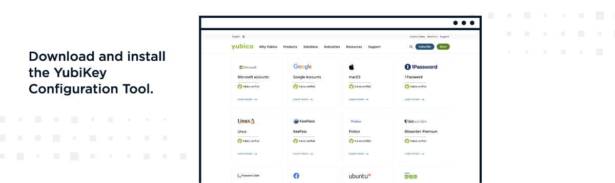 Graphic reading Download and install the YubiKey Configuration Tool alongside a web browser screenshot of Yubicos integration directory showing supported platforms like Microsoft Google macOS and 1Password