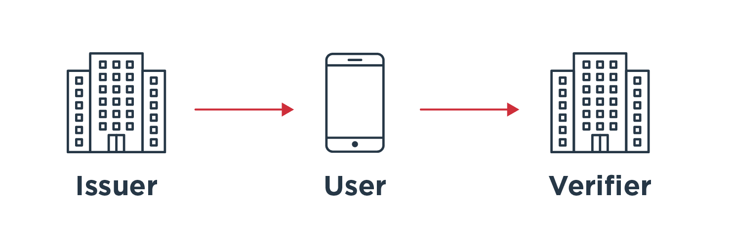 Illustration show the the three different entities that digital identity wallet and PingOne for Individuals involve: Issuer, User and Verifier.