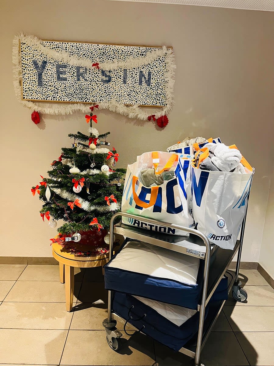 A photo of a cart filled with bags of donated goods sitting in front of a Chrismas tree in the Ping Paris office.