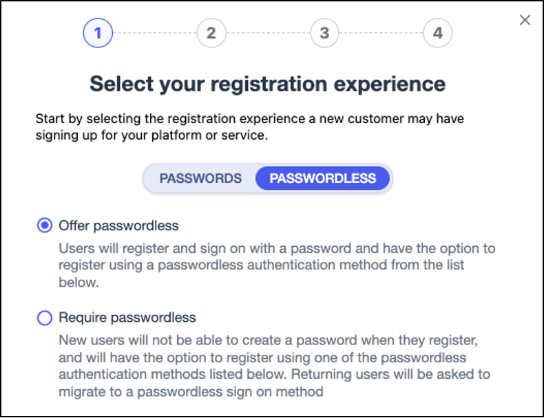 Select Your Registration Experience screen prompt in The Passwordless Getting Started Experience wizard