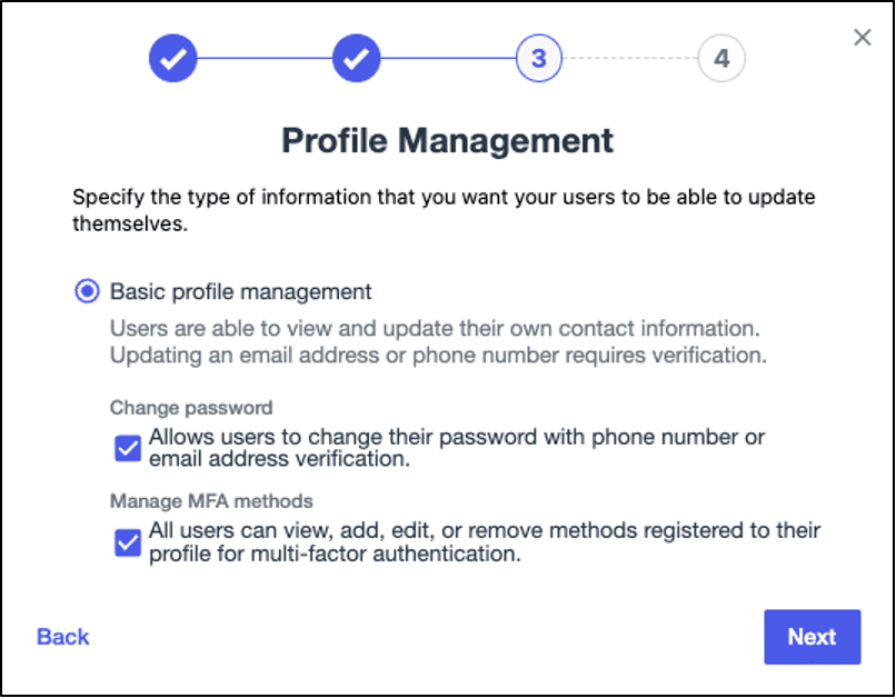 Profile Management screen prompt in The Passwordless Getting Started Experience wizard
