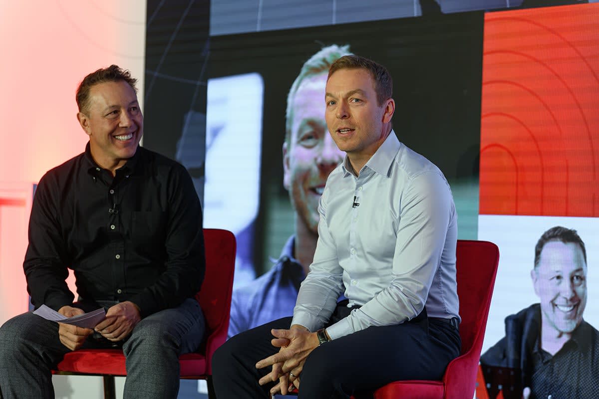 Andre Durand, Ping Identity CEO, and keynote speaker Sir Chris Hoy on Ping YOUniverse 2023 stage, London, UK