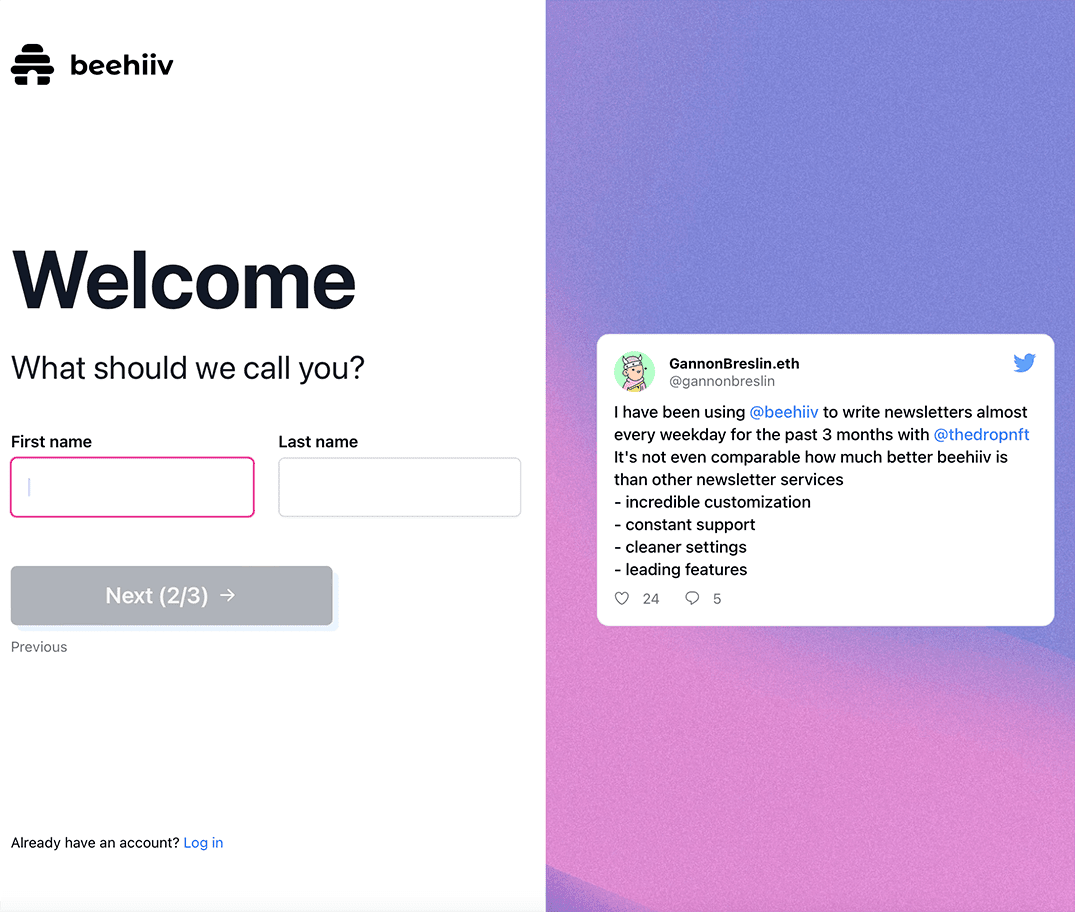 A signup page for Beehiiv, a newsletter platform. This page asks only for the users first and last name..