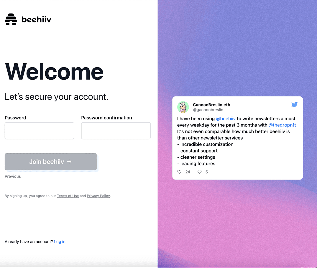 A signup page for Beehiiv, a newsletter platform. This page asks only for the users password and a password confirmation.