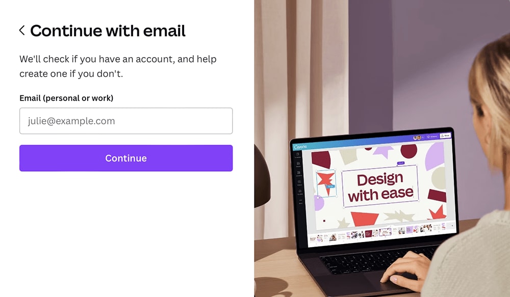 Canva's signup page asks the user to continue with their email address.