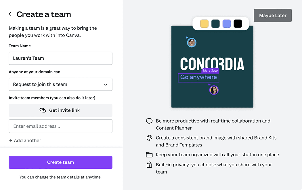 A signup page for Canva where you can create a team. The form asks for the team name, and has an option for team members to request to join the team or get an invite link with a field for an email address.