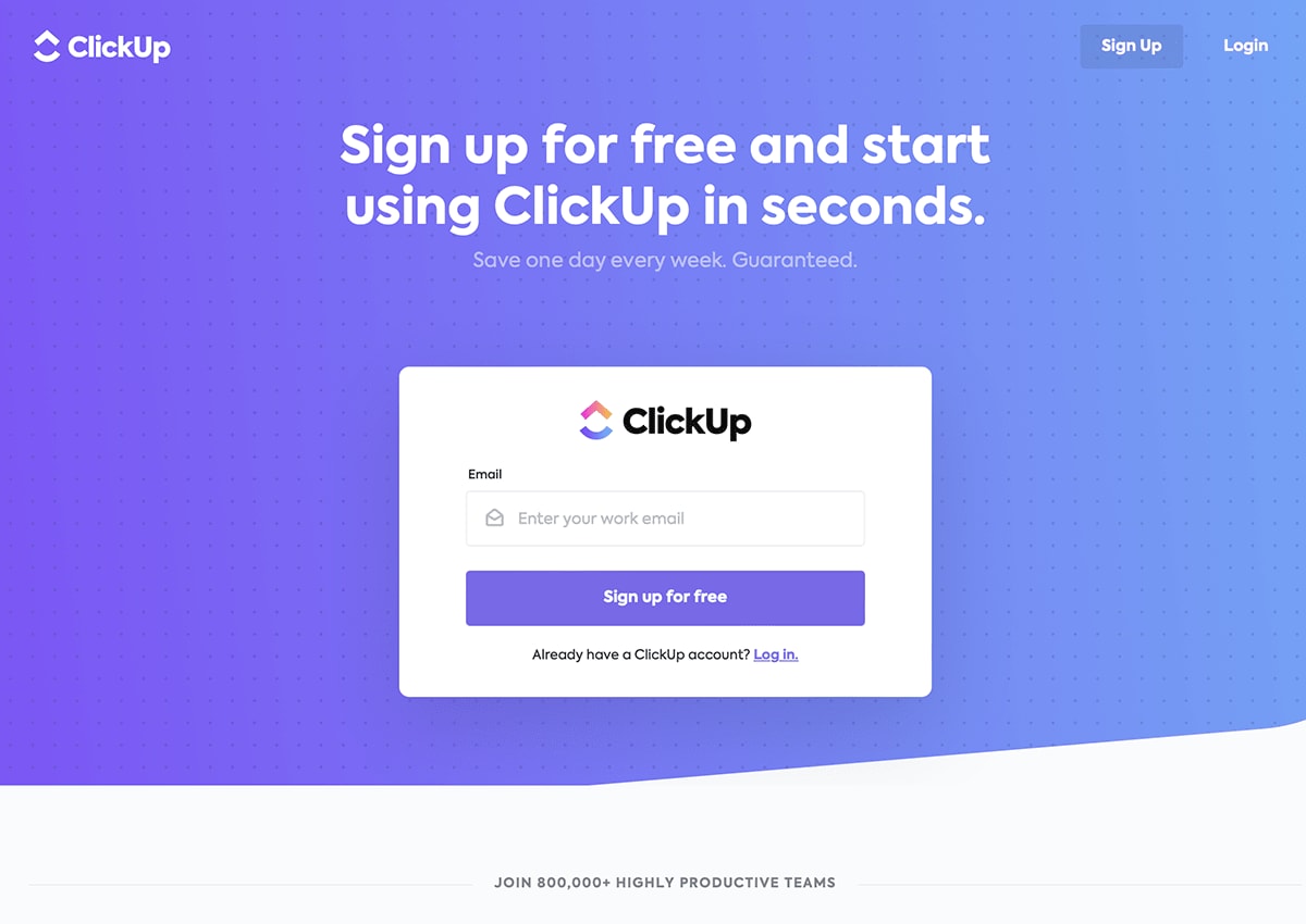 A signup page for ClickUp, a project management tool. There is one field to fill out with your business email address.