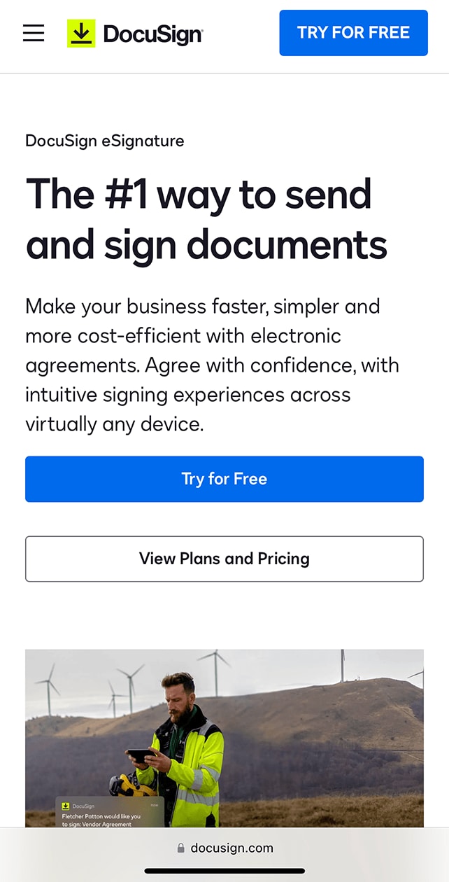 A signup form from DocuSign. There is a Try for Free button and a View Plans and Pricing button. There is a picture of a man standing in front of some wind turbines at the bottom of the form