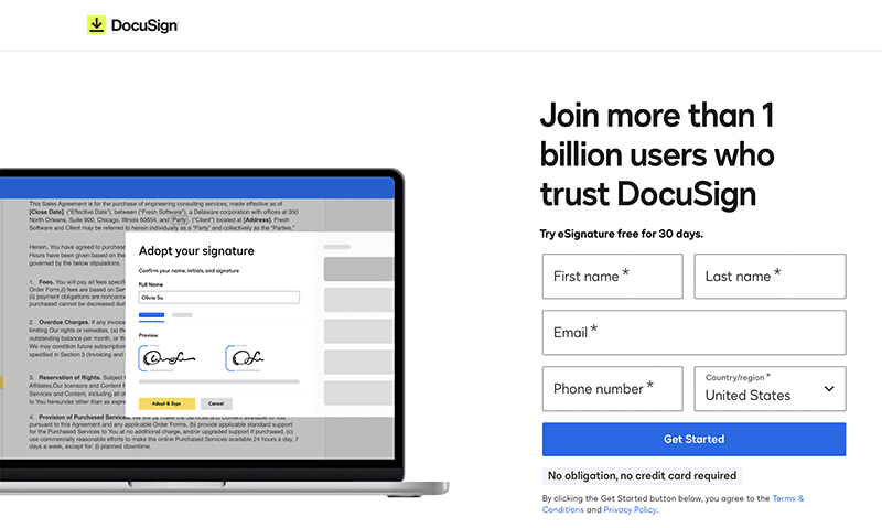 A signup form for Docusign. There are fields for first and last name, email address, phone number and Country. Under those is a button to get started.