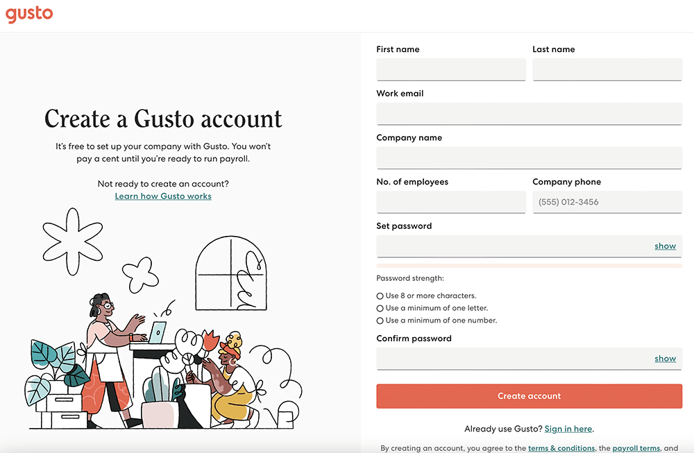 A signup form for Gusto, an online payroll service.
