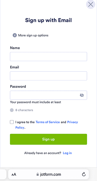 A signup page for Jotform, an online form creator. This page has fields for name, email and password. 