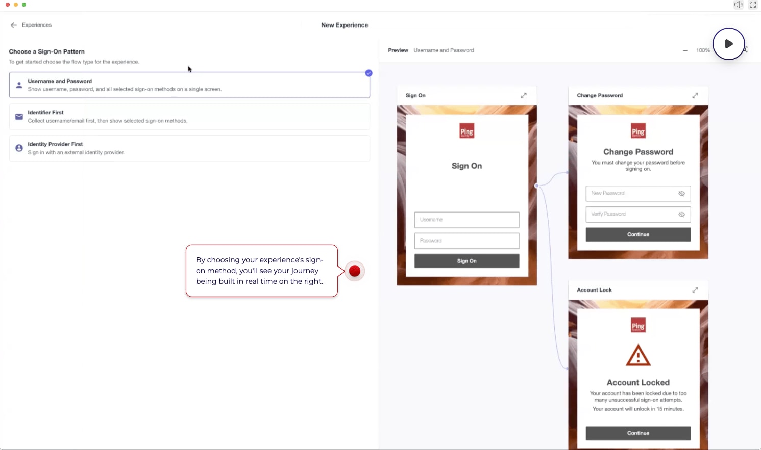 Interface of PingOne Design Center displaying a Choose a SignOn Pattern menu on the left with options like Username and Password alongside a realtime visual preview on the right showing connected user screens for Sign On Change Password and Account Lock