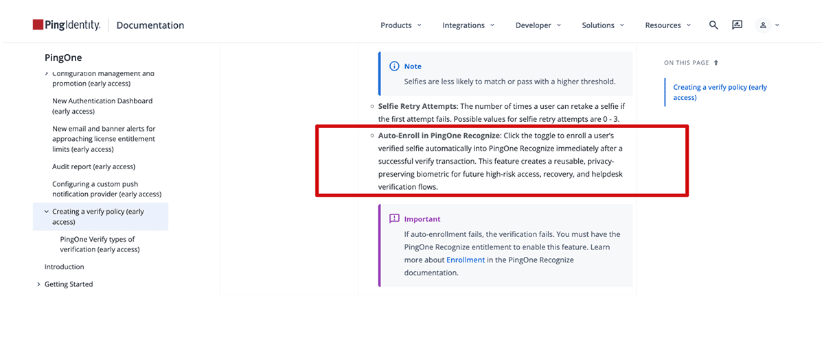 Screenshot of the PingIdentity Documentation page under the section Creating a verify policy early access A red bounding box highlights a bullet point titled AutoEnroll in PingOne Recognize which explains how to toggle a setting that automatically enrolls a users verified selfie into PingOne Recognize immediately following a successful verify transaction for future biometric authentication