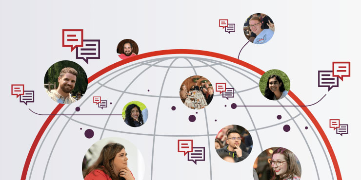 Decorative graphic containing a globe that showcases employees from different parts of the world. Graphic also contains iconography for how all the employees are connected.