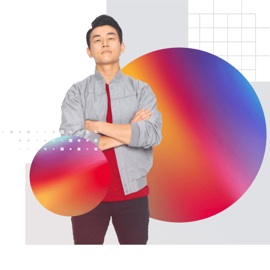 Decorative graphic containing photo of man standing with arms crossed with one small colorful circle in front of him and one large colorful circle behind him.