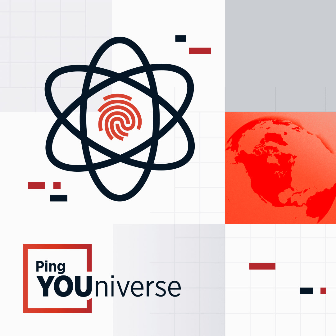Decorative graphic containing the words Ping YOUniverse and an icon for global identity security.