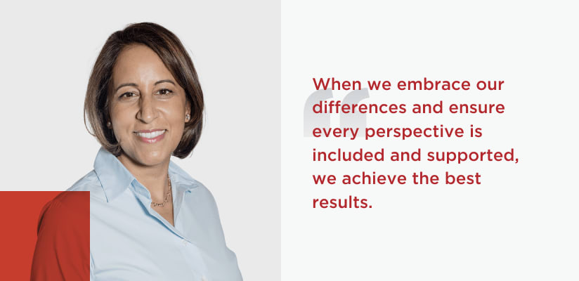 Decorative headshot of Ping Identity Chief Legal Officer, Shalini Sharma, with the following quote 'When we embrace our differences and ensure every perspective is included and supported we achieve the best results.'