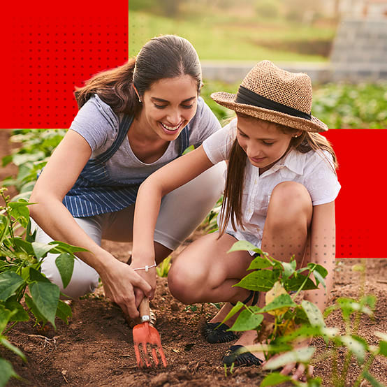 A woman and a young girl tending plants in a garden