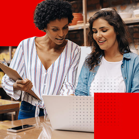 Two women in a pottery shop using a laptop