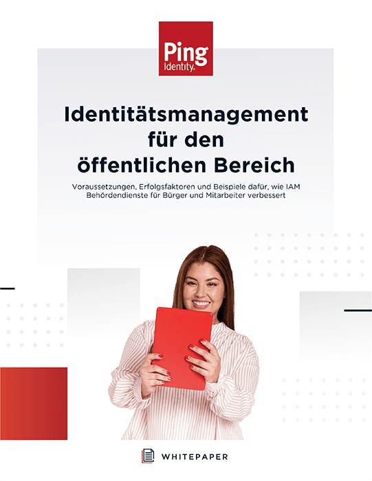 Woman holding red folder Ping Identity whitepaper German text