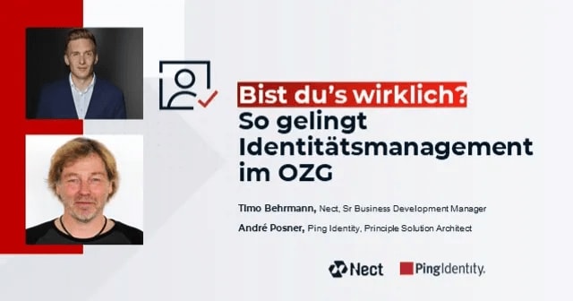 Two mens portraits German identity management event advertisement