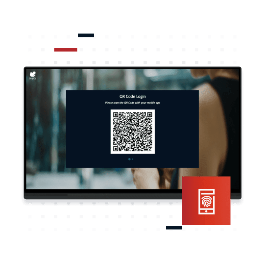 Graphic containing a image of a tablet in horizontal view of a login page that has a large QR Code to scan. There is also a icon at the bottom right side of a smartphone with a thumbprint in the middle.