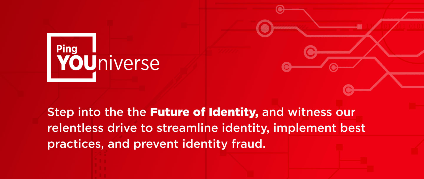 Red background, circuit design, text about identity future and fraud prevention.