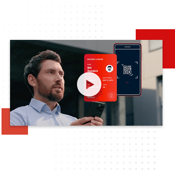 A video thumbnail showing a man holding a smartphone overlaid with graphics of a red digital drivers license and a QR code scanning interface with a central play button