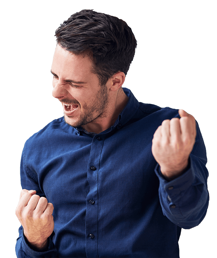 man in blue shirt cheering