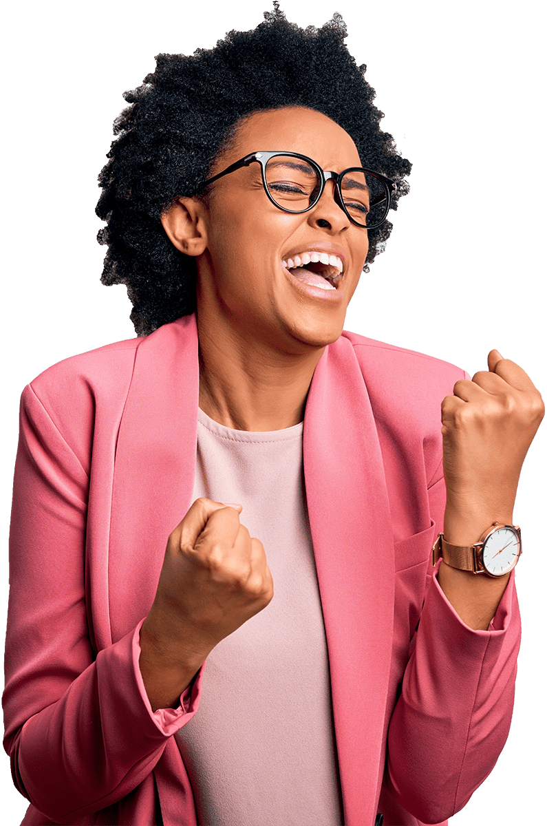 woman in pink suit and glasses cheering