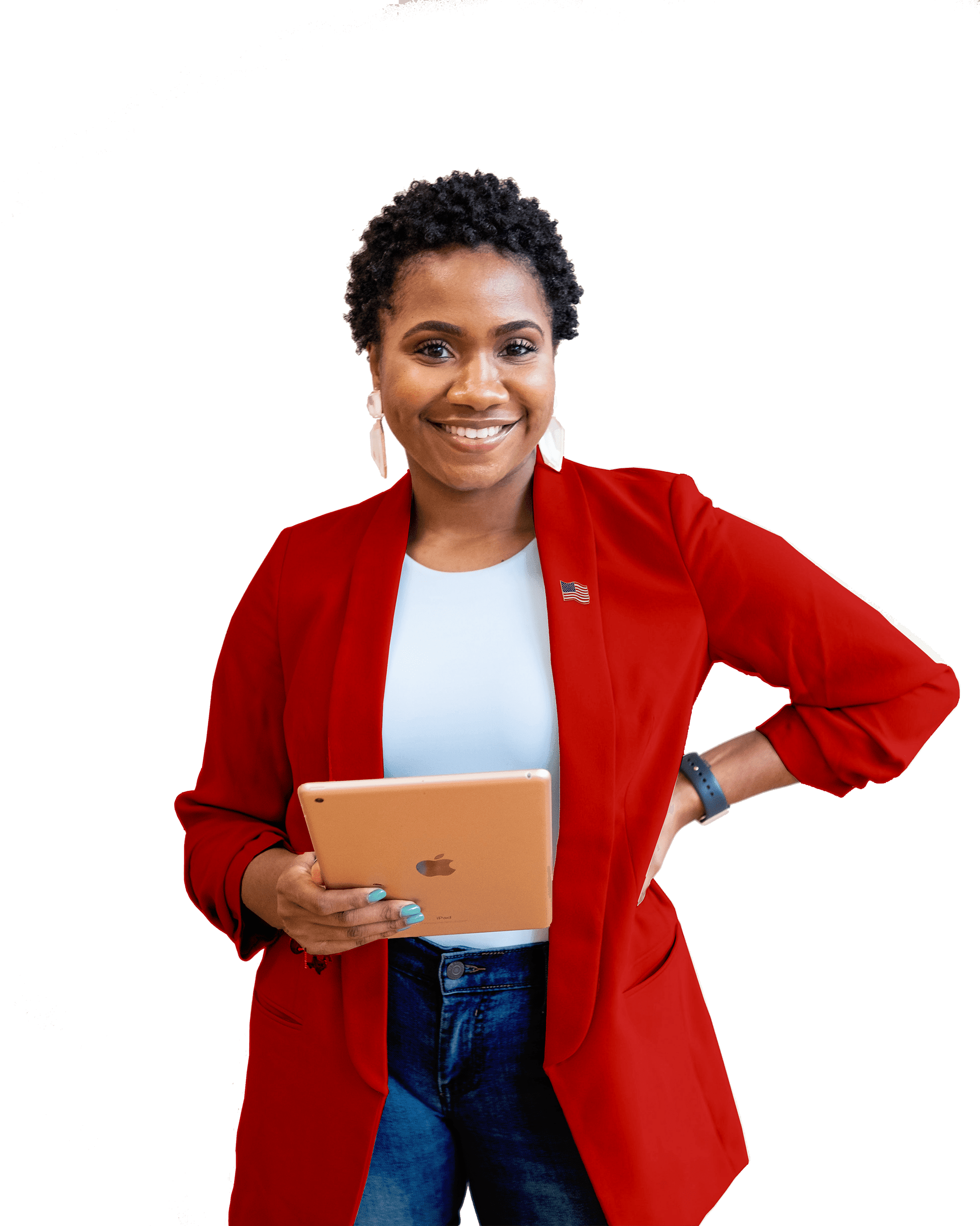 Woman in a red jacket holding an ipad
